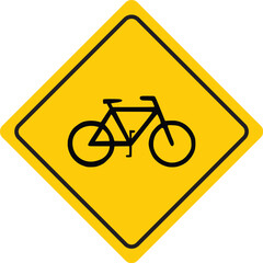 Bicycle crossing warning sign, cycling area caution, road safety sign with bike symbol, yellow traffic sign