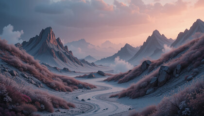Serene mountain landscape with winding river and pastel sky at dusk