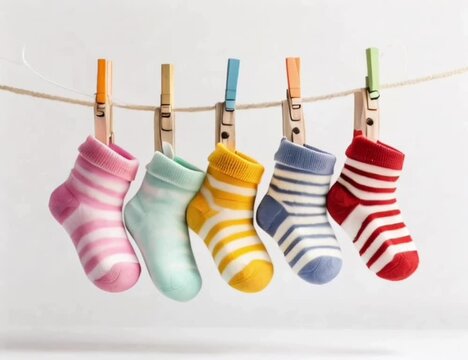 baby socks on a clothesline on white background