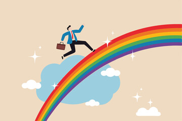 Inspiration to be success, imagination and creativity to build hope and bright future, positive thinking to find opportunity, happy businessman running with suitcase on colorful rainbow in the sky.