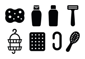 Personal care solid icons set – filled style for bathroom essentials and hygiene products: sponge, shampoo, conditioner, razor, shower caddy, loofah, hook, brush.