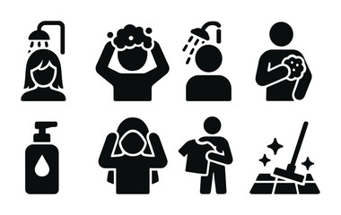 Personal hygiene solid icons set &ndash; filled style cleanliness, grooming, and skincare symbols for health awareness: shower, hair wash, soap, hand washing, mop, lotion