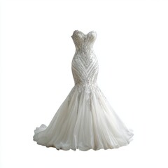 A white strapless wedding dress with silver beaded embellishments