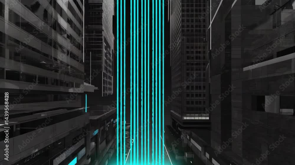 Poster digital wave of binary code flowing through an urban landscape.