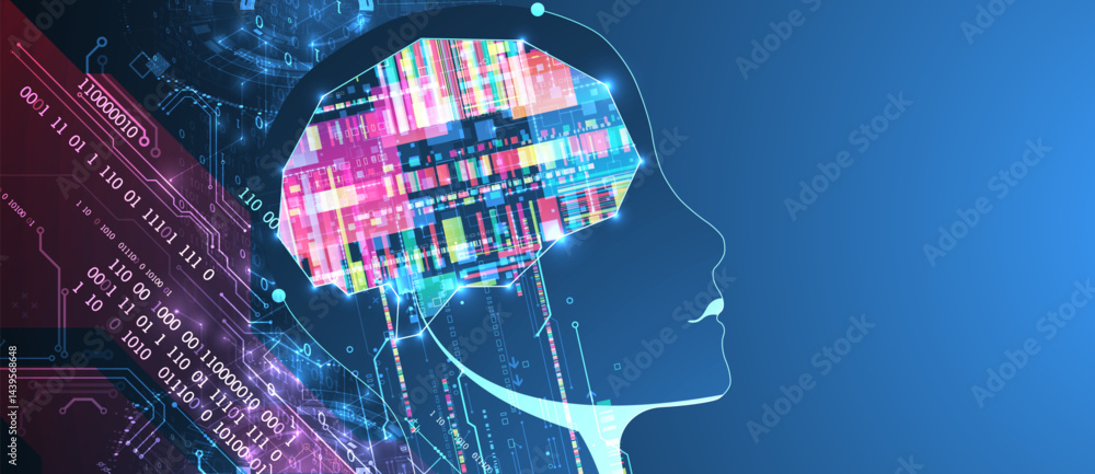 Poster Abstract background on the theme of artificial intelligence. Brain shape with technological elements inside the contour.