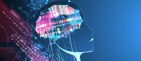 Abstract background on the theme of artificial intelligence. Brain shape with technological elements inside the contour.
