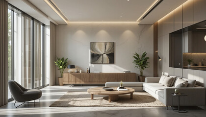 Modern luxury living room interior with a sophisticated design and natural light