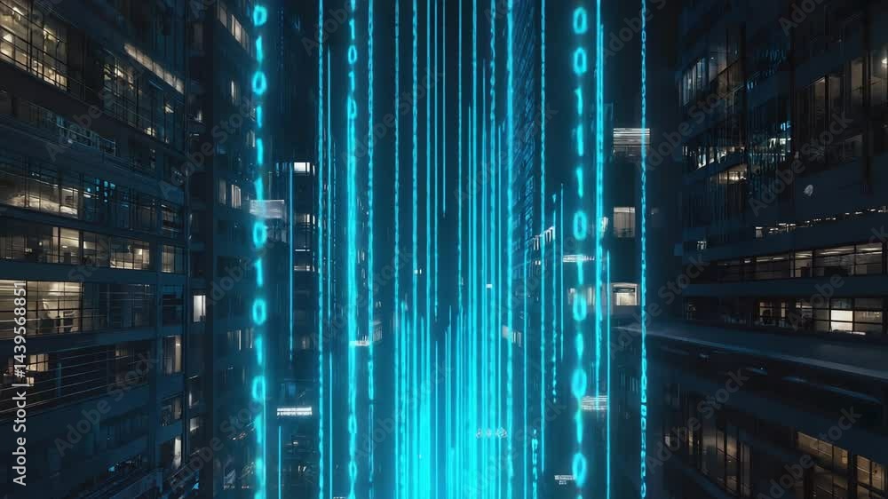 Poster digital wave of binary code flowing through an urban landscape.