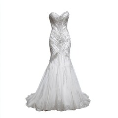 Elegant white wedding dress with silver embellishments on display
