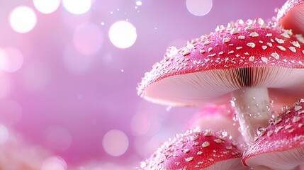 Red Mushroom Growing with Bokeh Lights on Soft Pink Background