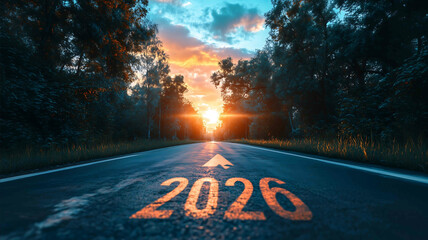 A stylized road leading to a vibrant sunrise 2026 painted with glowing paint an upwardpointing arrow with a stylized growth chart icon Art Deco style vibrant colors high detail