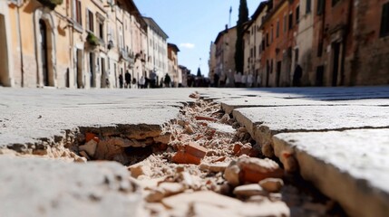 Cracked Pavement Highlights Earthquake Damage in Historic City During Daylight Hours