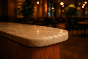 A close-up of a luxurious marble countertop with elegant, smooth curves, blending into a warm, wooden base.