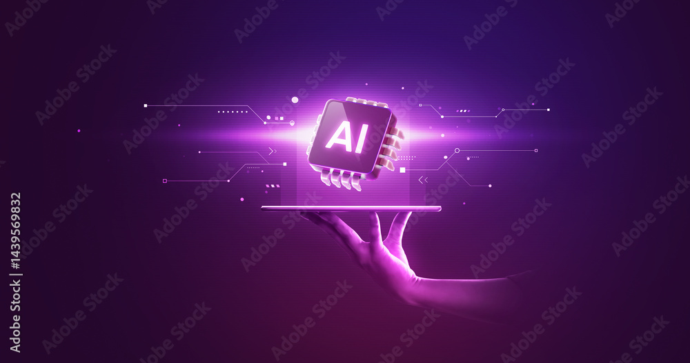 Poster 3D AI Chip and Processor with Digital Technology Microchip and Artificial Intelligence Data Circuit.