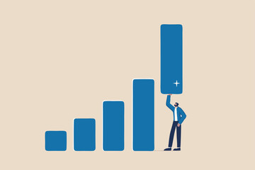 Growth or improvement, increase sales or revenue raising, growing business or develop marketing plan to help gain more profit concept, confident businessman help lift up bar graph to new high level.