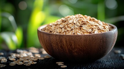 Oat flakes in a wooden bowl with a blurred, green background