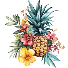Watercolor pineapple floral arrangement tropical flowers summer fruit botanical art design decor illustration on transparent background