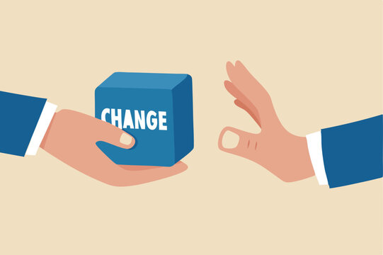 Status quo bias, fear or refuse to change, comfort zone or conservative thinking, afraid of changing risk or resist to make decision concept, businessman hand denied or refuse to get change cube box.