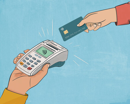Illustration of a contactless payment with a credit card and payment terminal