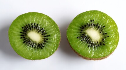 Fototapeta premium Fresh kiwi halves with vibrant green and black details, showcasing natural freshness and texture. 