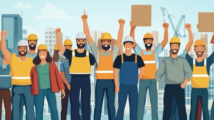 Fototapeta premium United Construction Workers Celebrating Success: A Diverse Team of Professionals Triumphantly Holding Signs Against a Cityscape Background
