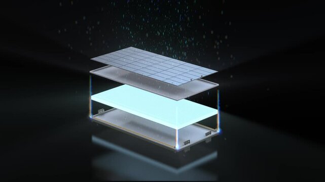 3d rendering electric vehicle battery or pack of lithium-ion battery cells explode in layered with shiny light 4k footage