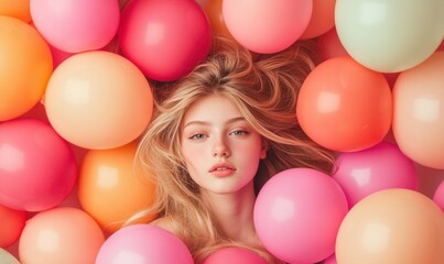 Obraz premium Young Woman Surrounded by Colorful Balloons in a Playful Setting