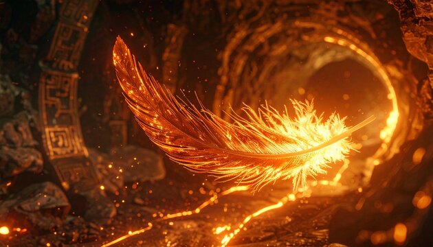 Mystic Phoenix Feather Quill floating through an ancient cavern, walls covered in glowing rune patterns, faint ember trails swirling,