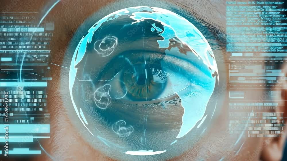 Poster circular data interface surrounding a human eye with glowing biometric scanner.
