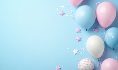 Colorful Balloons and Confetti on Light Blue Background for Celebration
