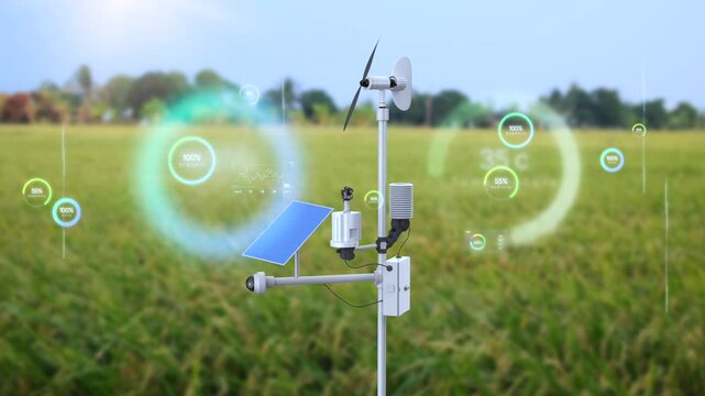 Agriculture technology with 3d rendering weather station with digital graphic interface 4k footage