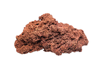 Oxidized red scoria (cinder) volcanic igneous rock on white background (selective focus), Earth’s mineral collection 