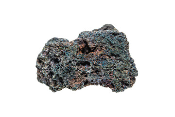 Beautiful iridescent scoria (cinder) volcanic igneous rock on white background (selective focus), Earth’s mineral collection 