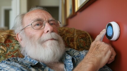 Senior citizen engages with voice-activated AI health monitor in cozy home environment