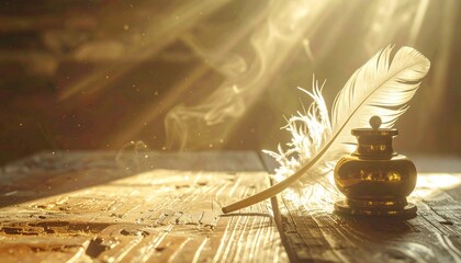 Elegant Phoenix Feather Quill placed beside a golden inkwell on a weathered oak table, faint sunlight beaming through dust-filled air