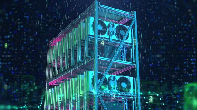 3d rendering graphic card or gpu rack for crypto mining farm 4k footage