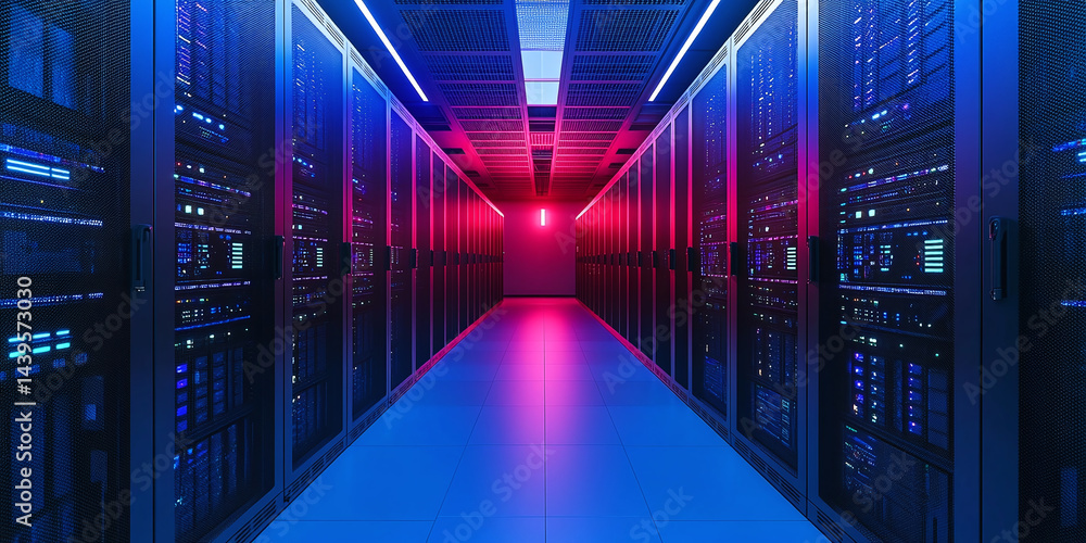 Poster image depicting a server within a server room featuring a rack