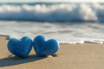 Fototapeta premium Two Blue Heart-Shaped Stones on a Sandy Beach with Ocean Waves and Coastal Serenity