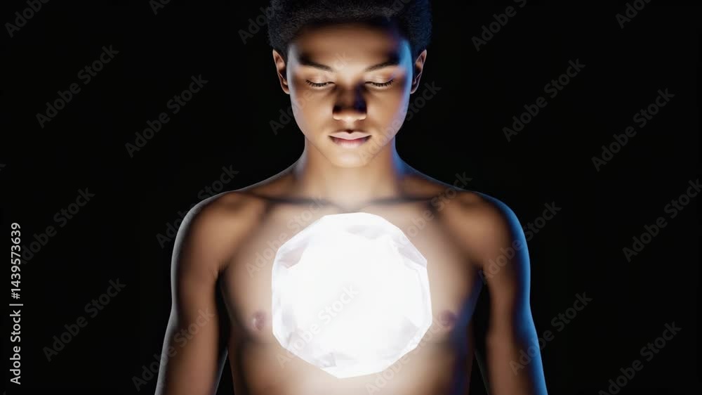 Poster surreal visualization of an idea as a glowing orb emerging from human chest.