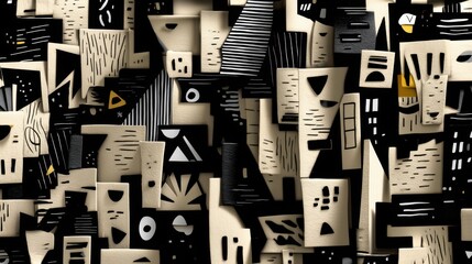 Artistic abstract wall decoration with black, white, and beige geometric shapes and patterns