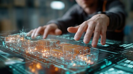 Logistics analyst engages with an AI supply chain hologram in a control room