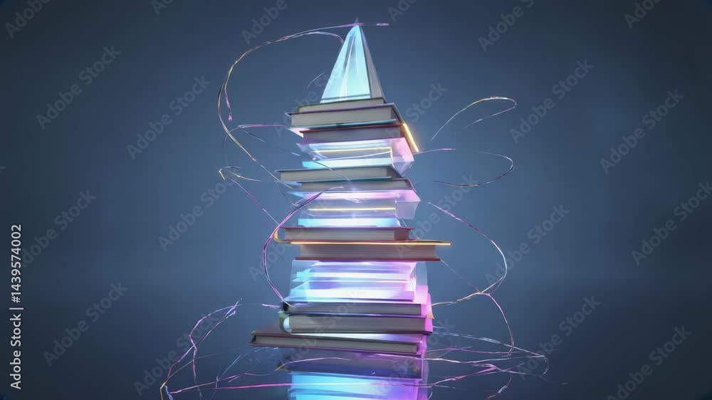 Leinwandbilder conceptual tower made of floating books and glowing wires in dark void.