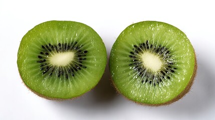 Fototapeta premium Fresh kiwi halves with vibrant green and black details, showcasing natural freshness and texture. 