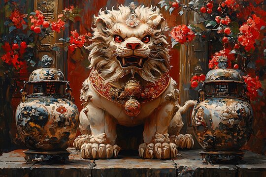 Regal lion sculpture depicting a chinese guardian foo dog with intricate details and rich colors