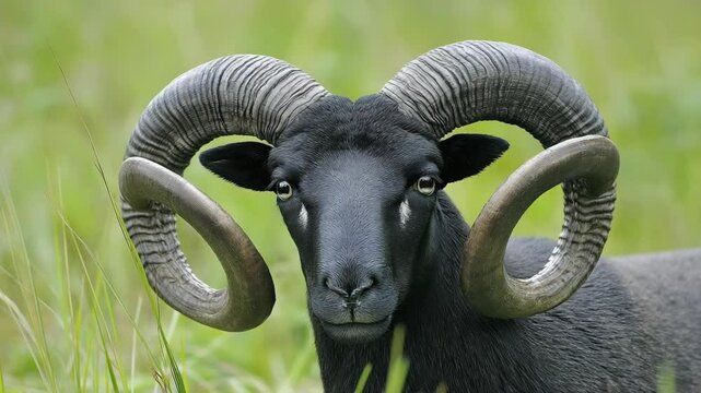 Direct gaze of a Soay ram with impressive curved horns standing in a lush green field on a bright day