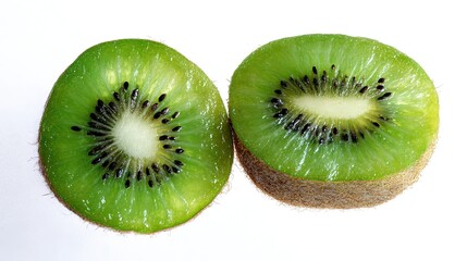 Fototapeta premium Fresh kiwi halves with vibrant green and black details, showcasing natural freshness and texture. 
