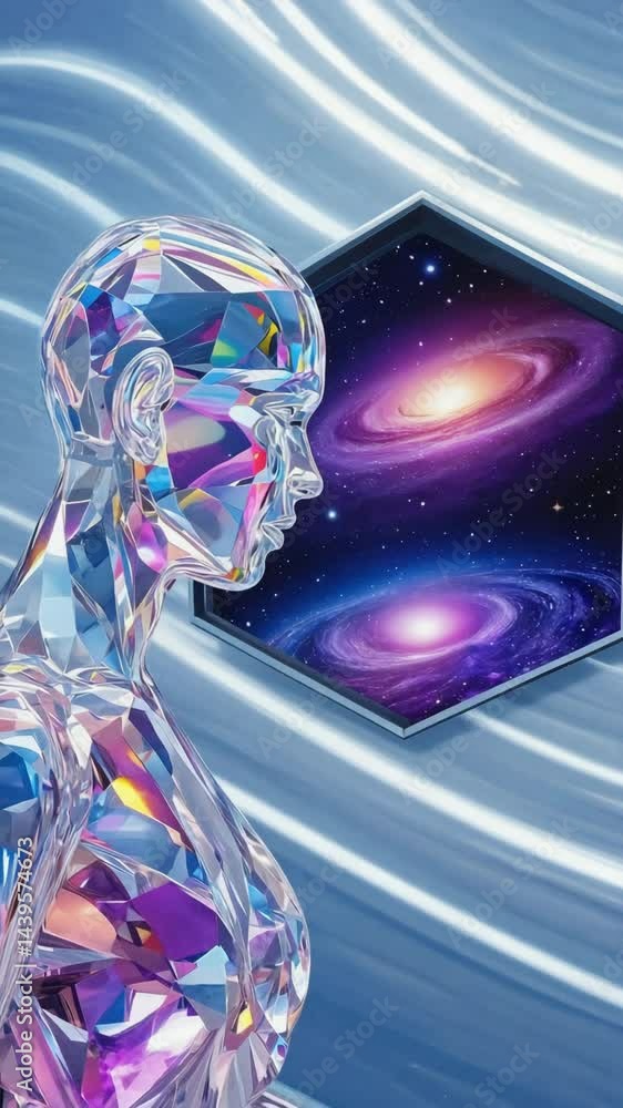 Poster ai-generated humanoid holding a mirror reflecting the universe.