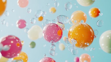 Fototapeta premium Colorful spheres float in air with water droplets for product ad background