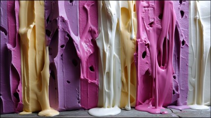 Fototapeta premium Colorful melted chocolate and yogurt bar with drips in pink, purple, white, and cream shades on wooden surface