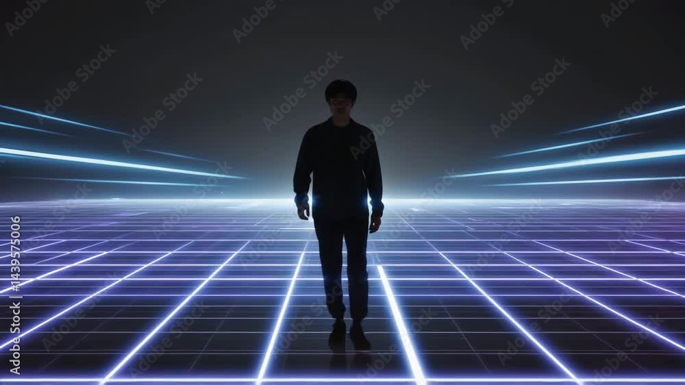 Poster Silhouette of man walking across grid floor with glowing data pathways. 